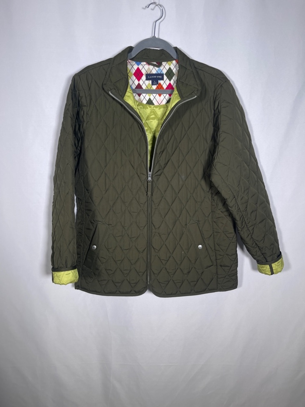 Lands' End Olive Green Quilted Puffer Jacket with Lime Lining